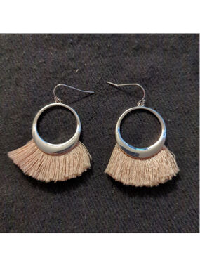 Silver Tone Blush Pink Fringe Hoop Statement Earrings
